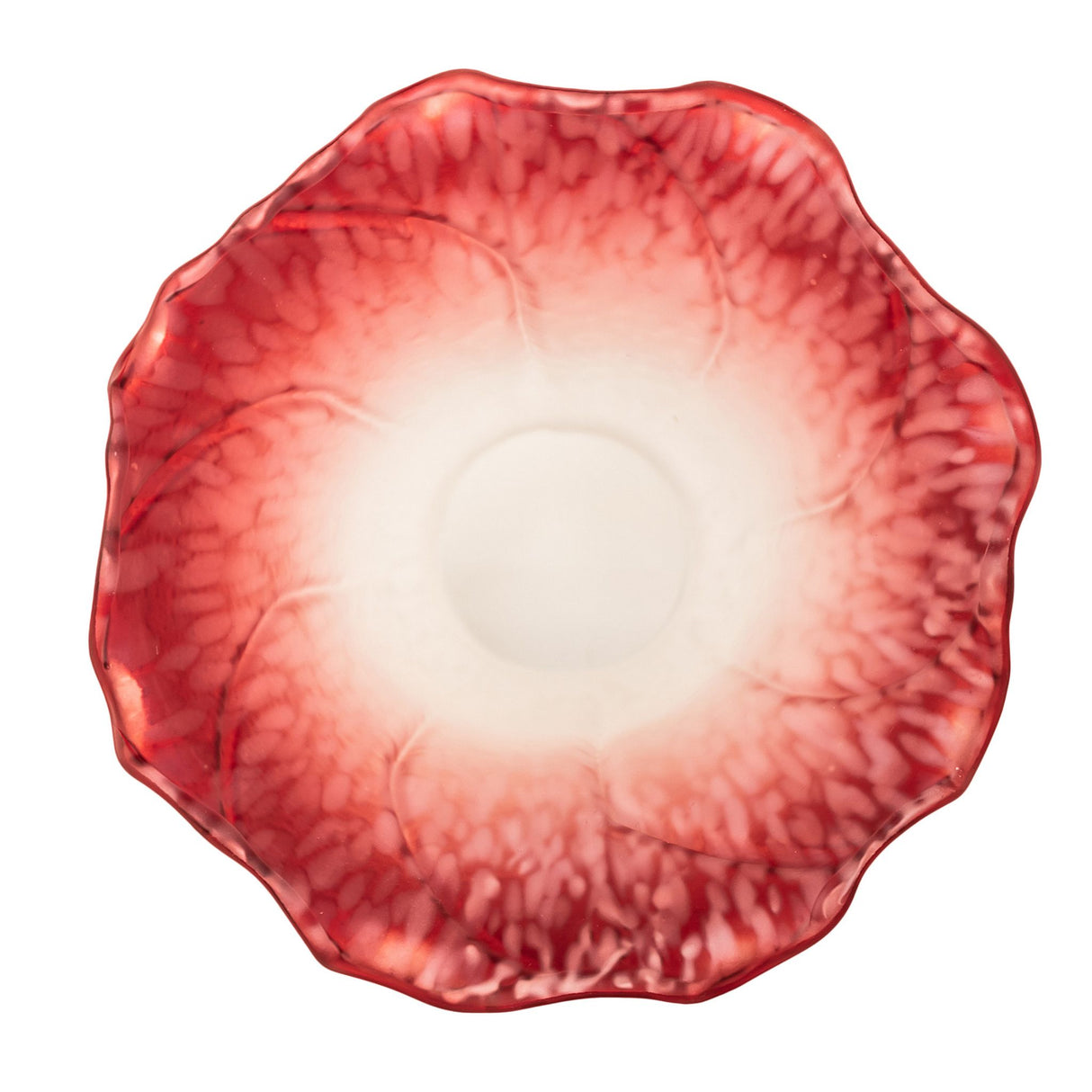 Top view of pink and white ruffled glass shade.