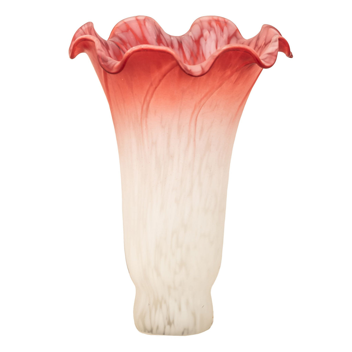 Unlit pink and white art glass shade in fluted flower shape.