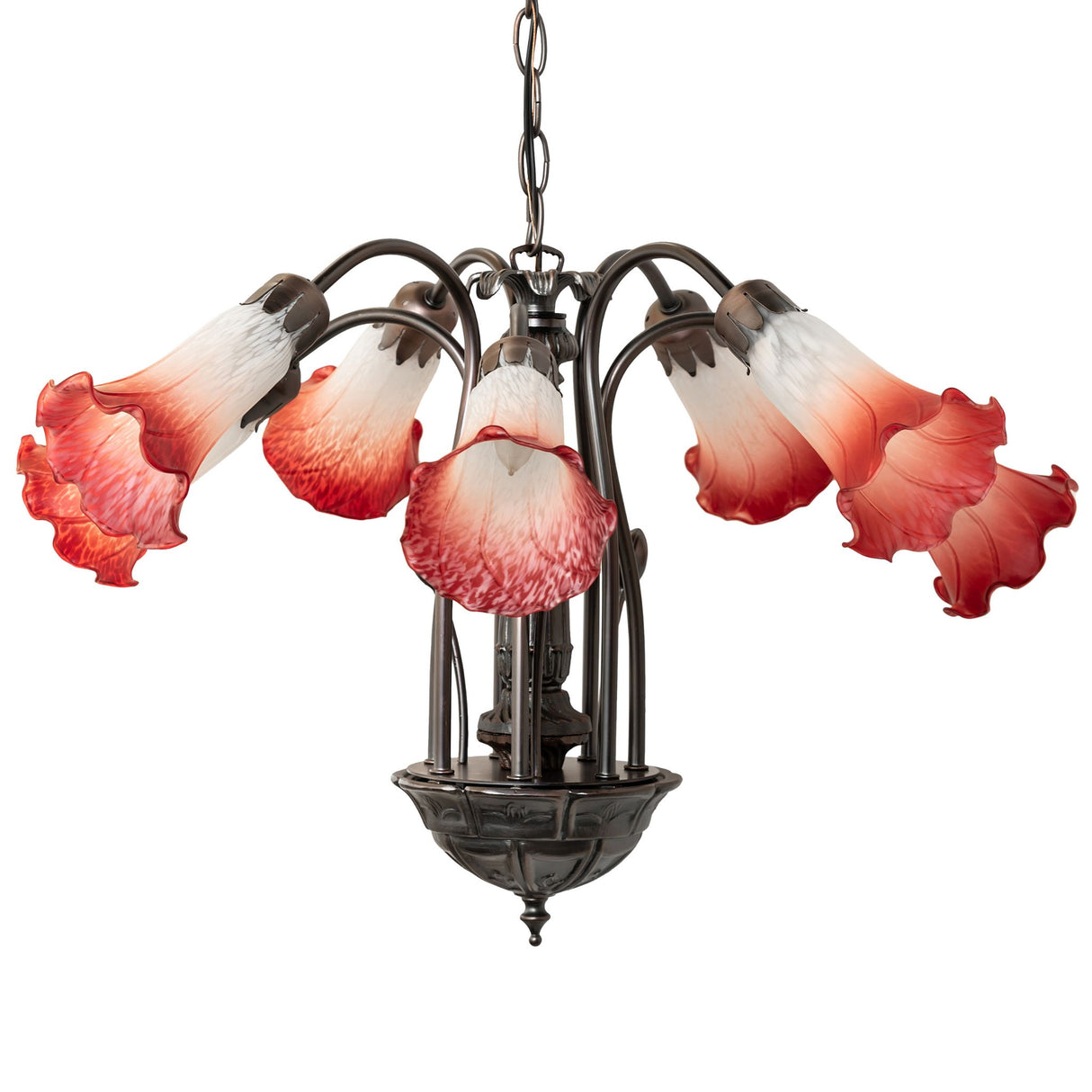 Pink and white Tiffany chandelier with seven lily-shaped shades.