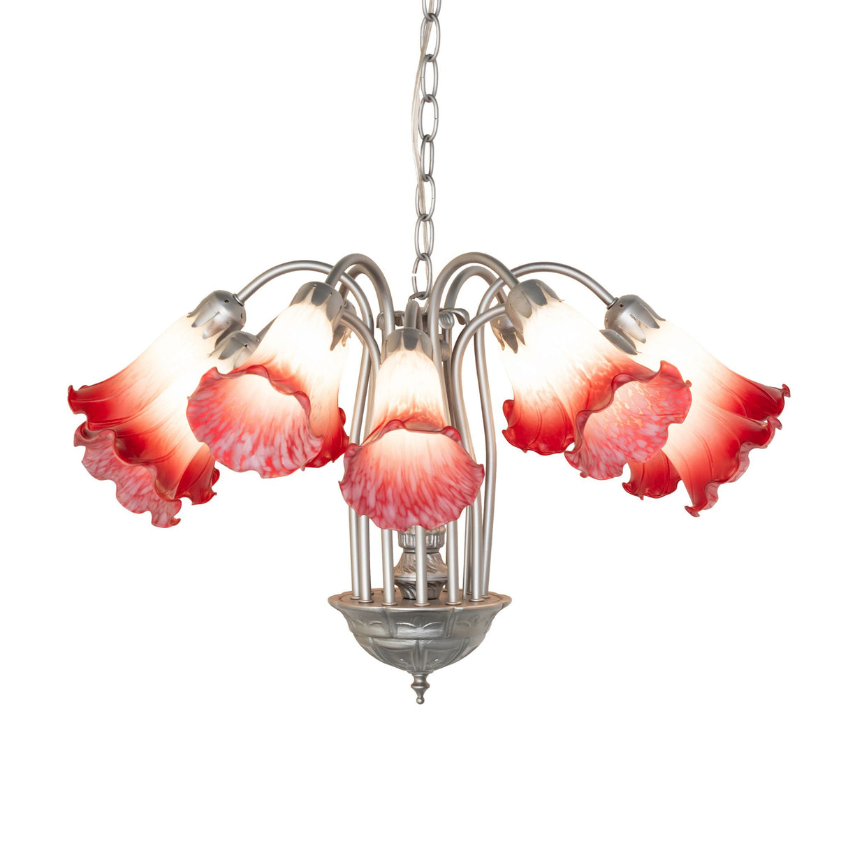 Side view of chandelier showing cascading arms and fluted glass shades.