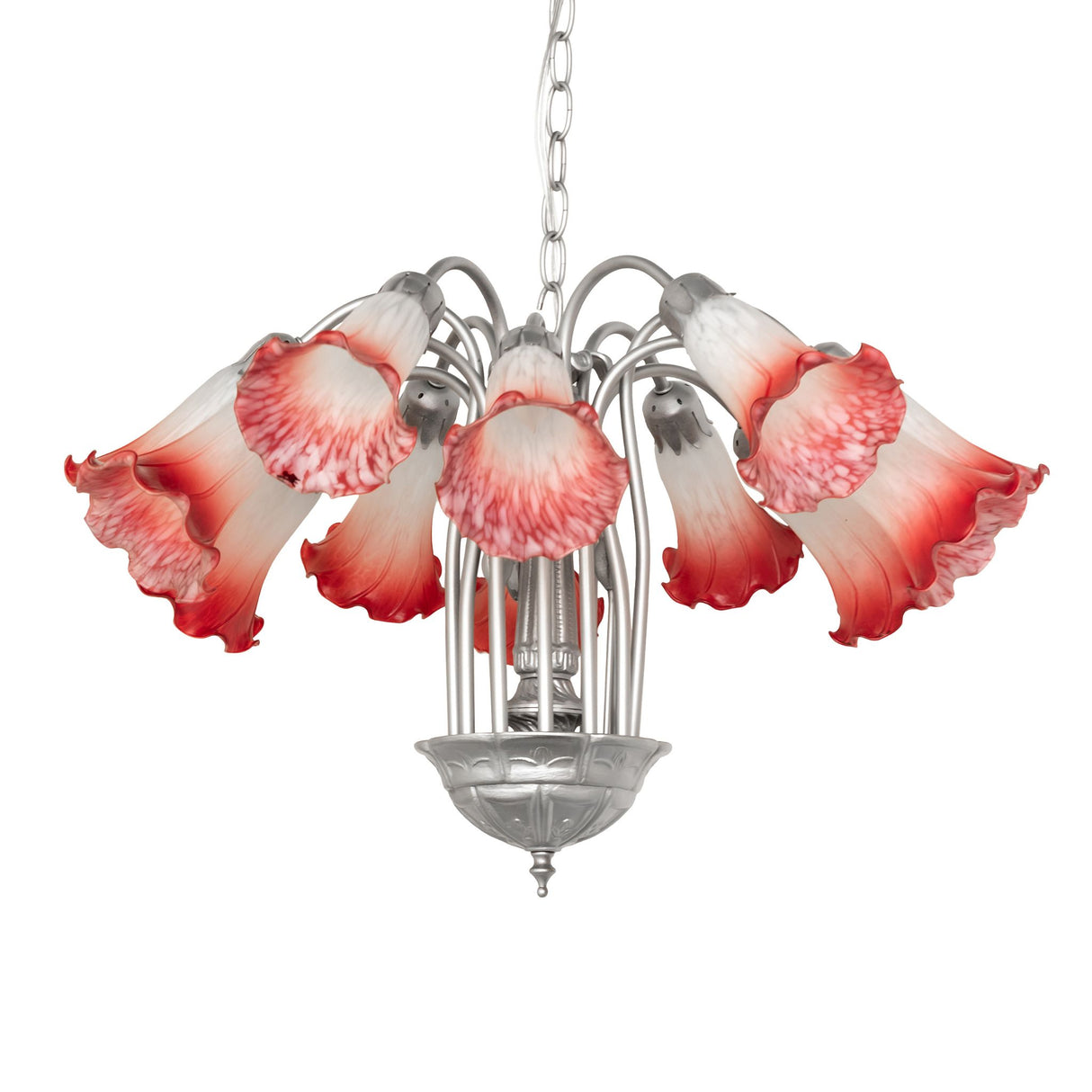 Unlit front view of chandelier with curved metal arms and decorative glass shades.