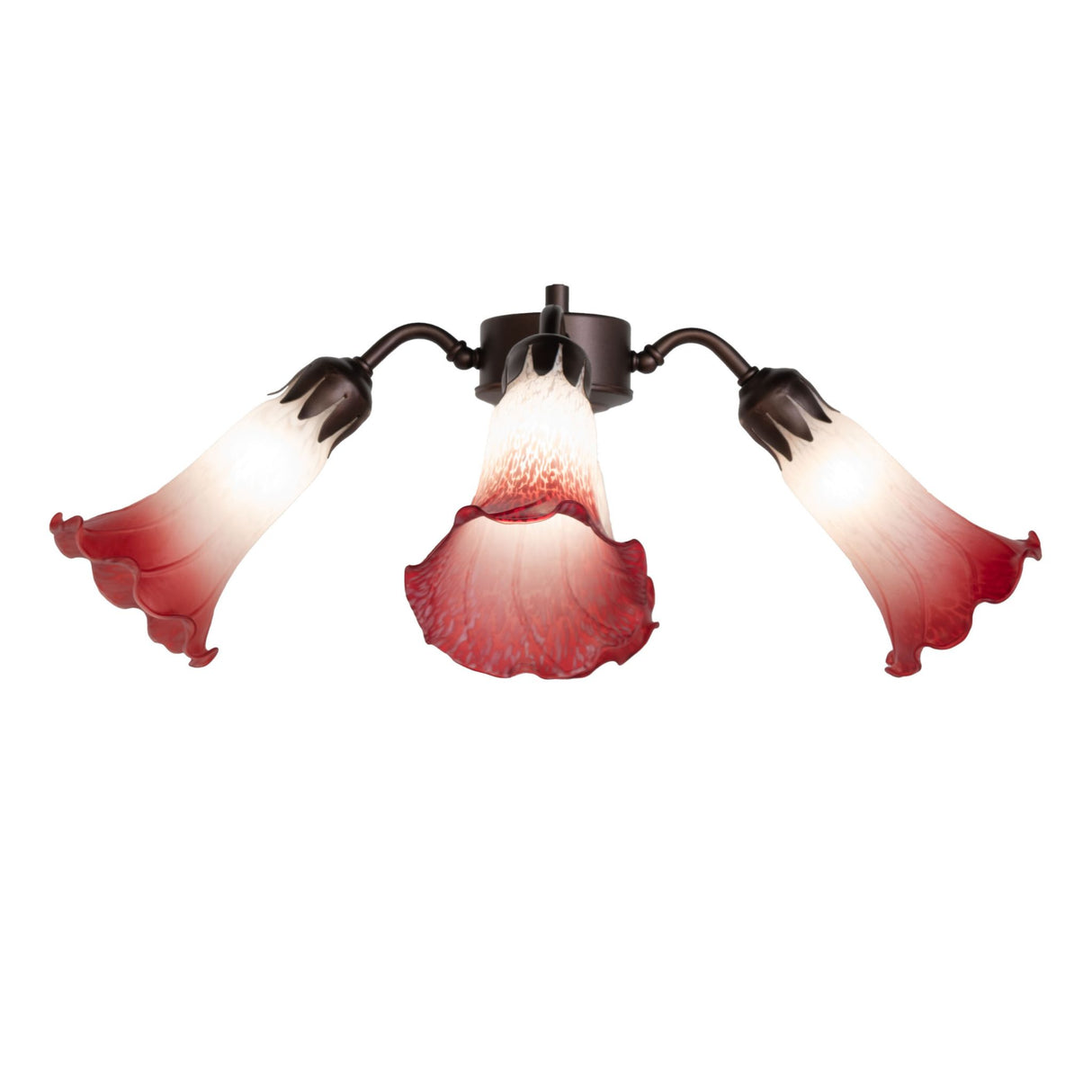 Three-arm view of the Tiffany Pond Lily 4-light fan light emphasizing its detailed glass craftsmanship.