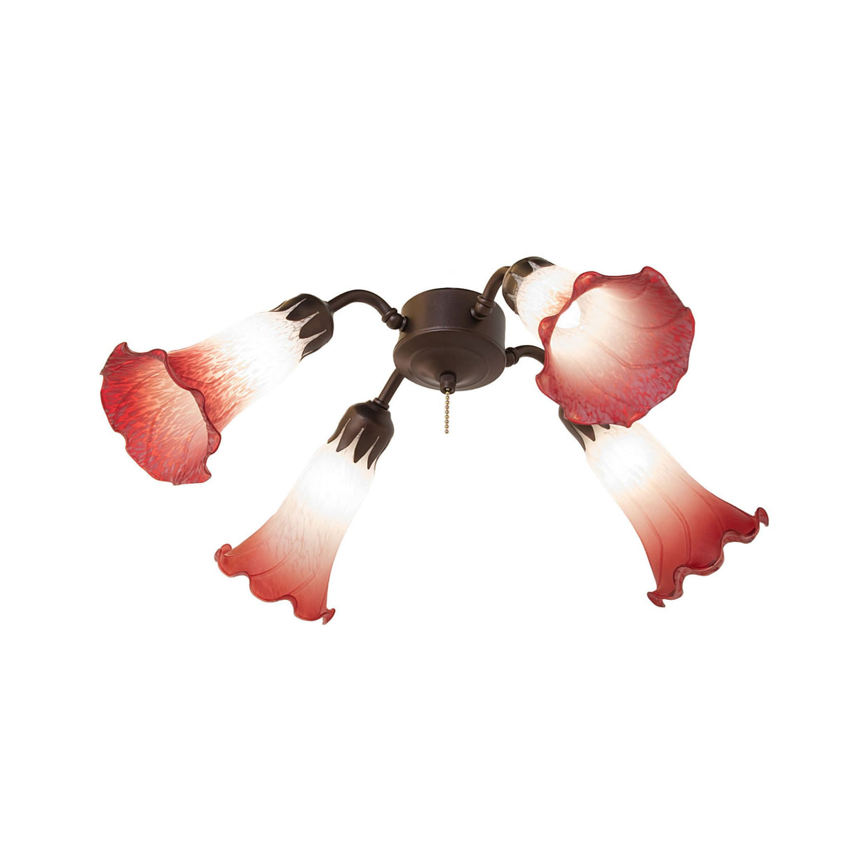 Angled view of the Tiffany Pond Lily 4-light fan light showcasing floral-shaped shades.