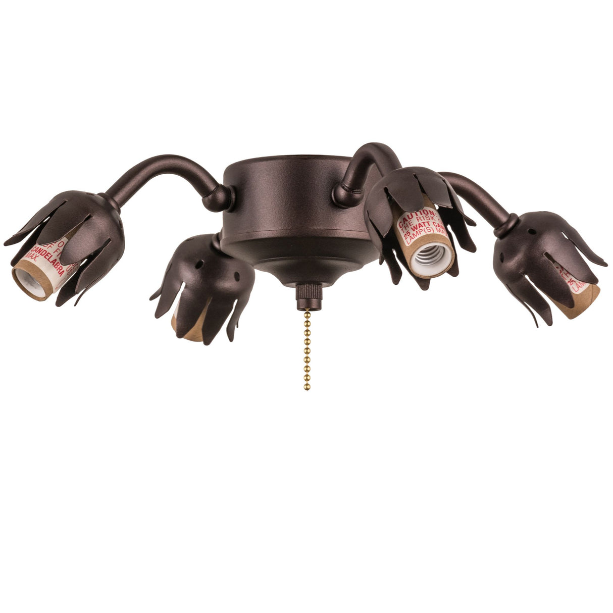 View of the Tiffany Pond Lily 4-light fan light base without shades, showcasing its fixture design.