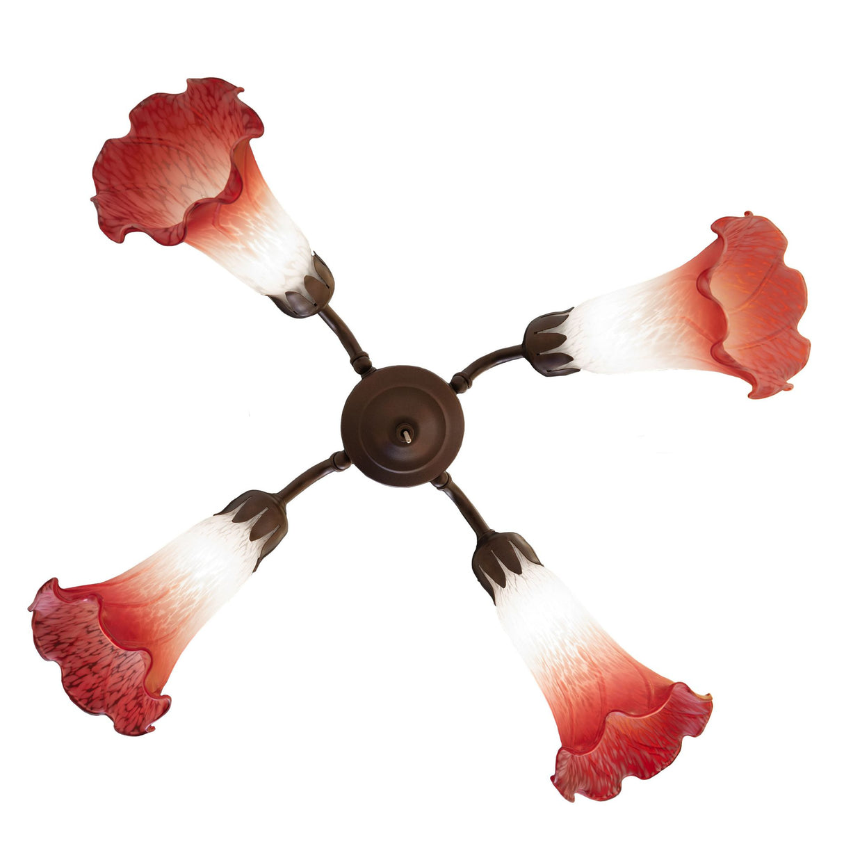 Bottom angle of the Tiffany Pond Lily 4-light fan light displaying intricate floral patterns.