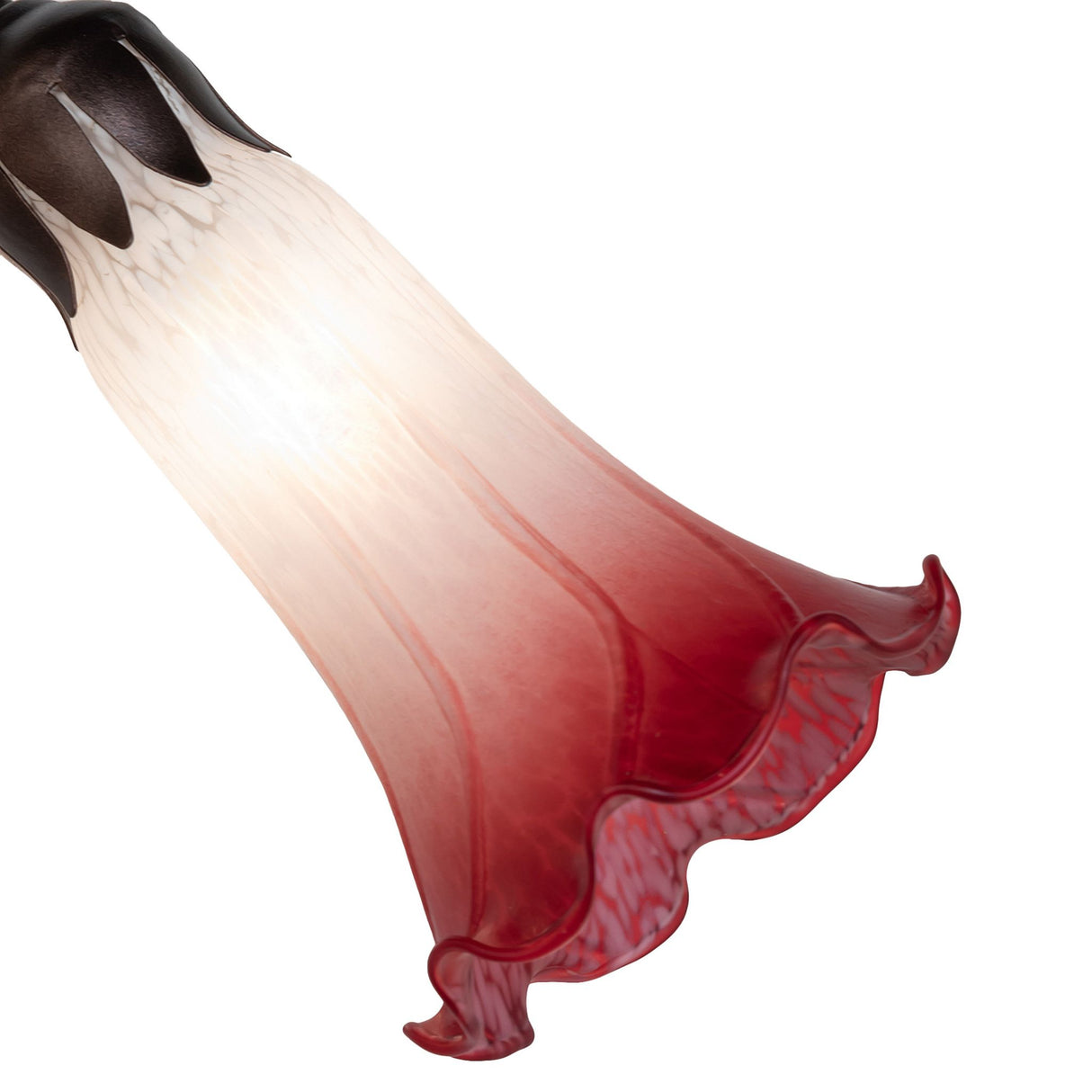 Close-up of the pink and white Tiffany Pond Lily glass shade highlighting its delicate artistry.