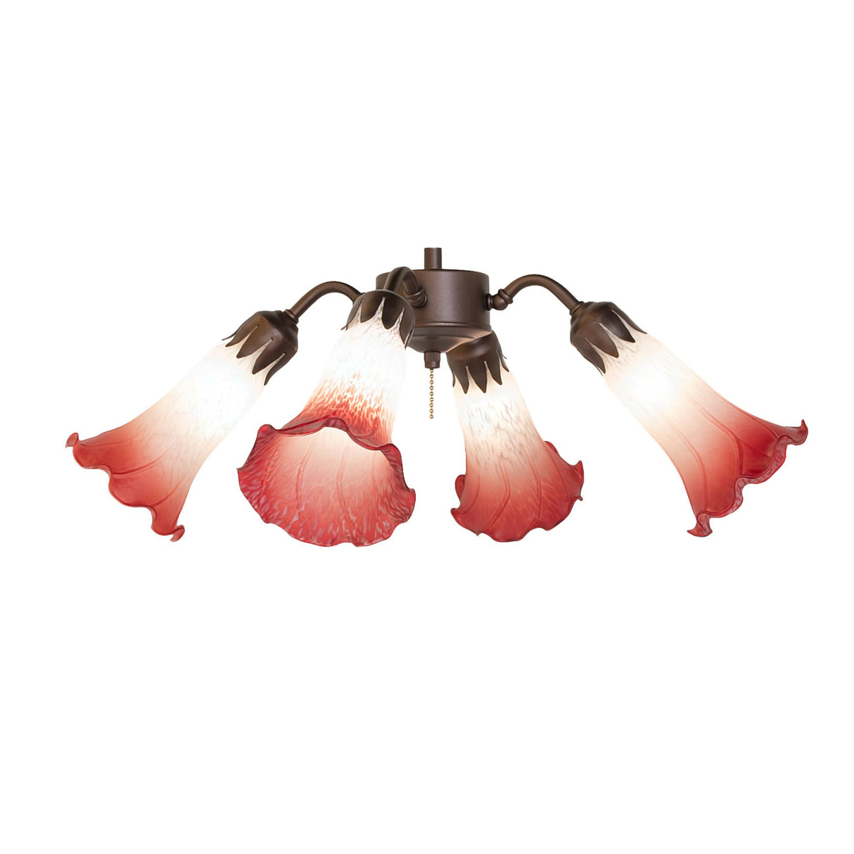 Tiffany Pond Lily 4-light fan light with pink and white glass shades illuminated.