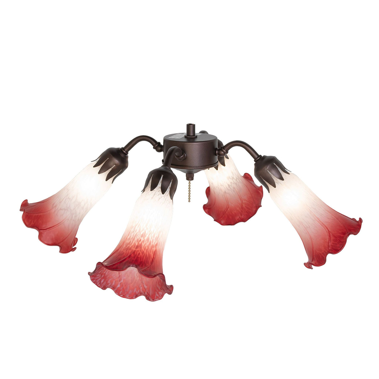 Side perspective of the Tiffany Pond Lily 4-light fan light highlighting its elegant glass shades.