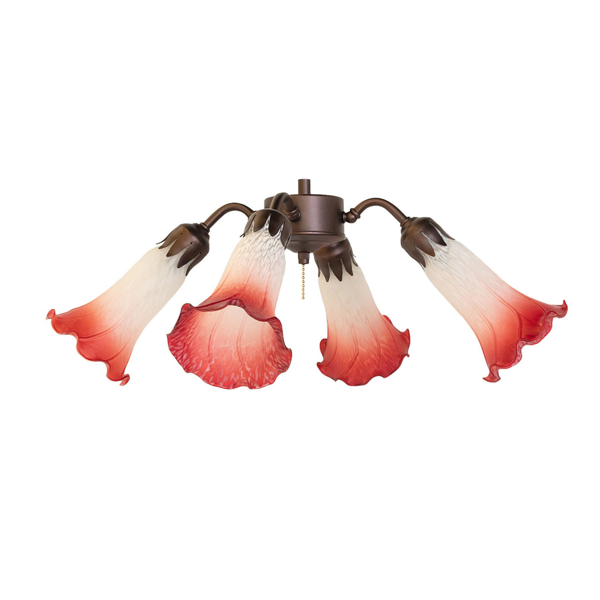 Unlit Tiffany Pond Lily 4-light fan light with pink and white glass shades in an elegant floral design.