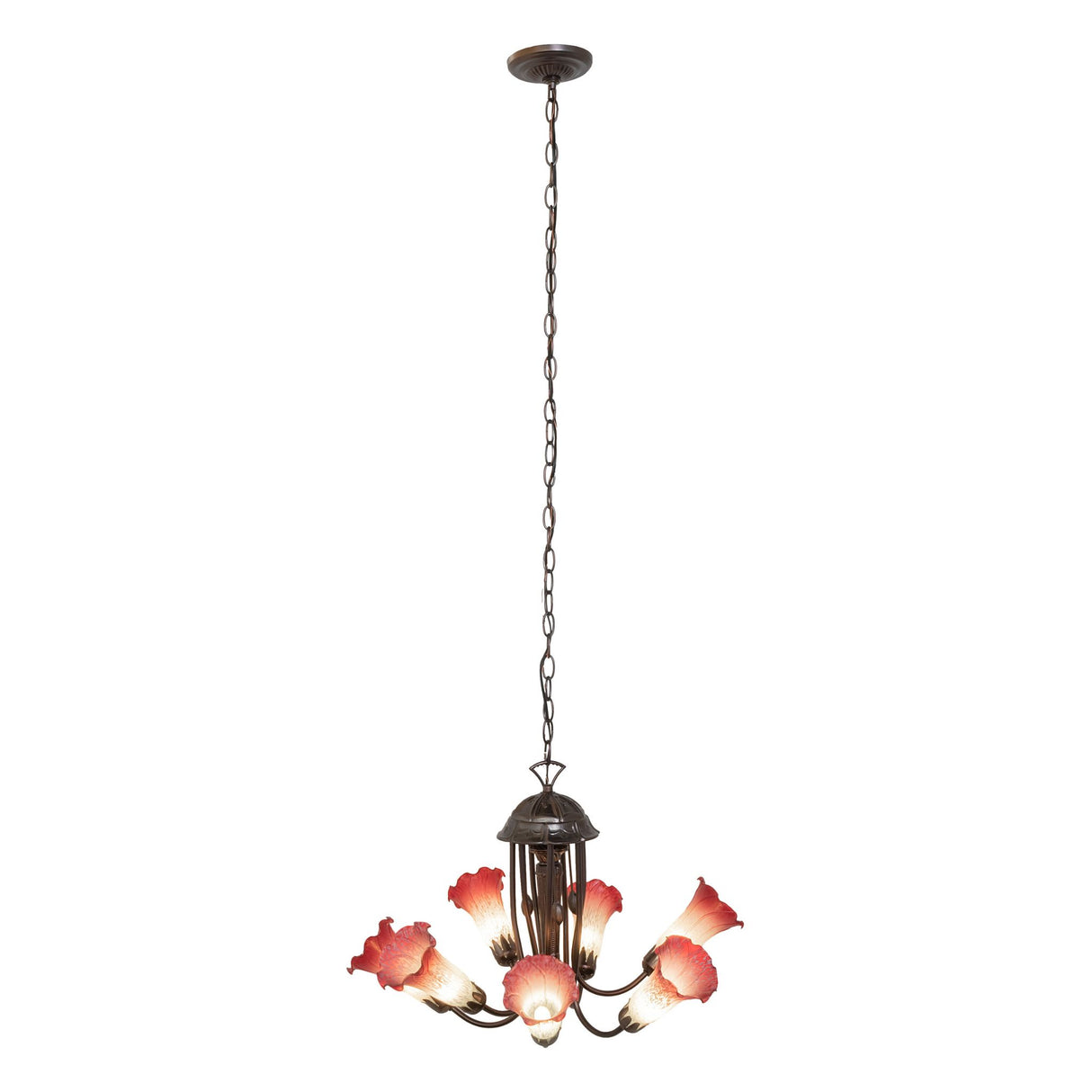 Full-length view of the pink and white Tiffany Pond Lily 7-light chandelier with chain.