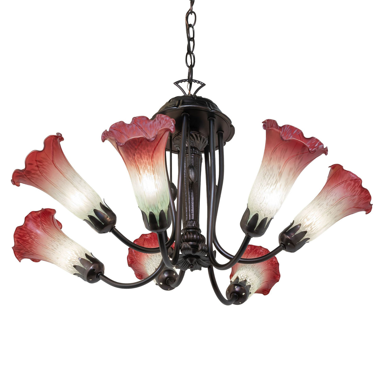 Angled view of the Tiffany pond lily chandelier, displaying the handcrafted art glass shades.