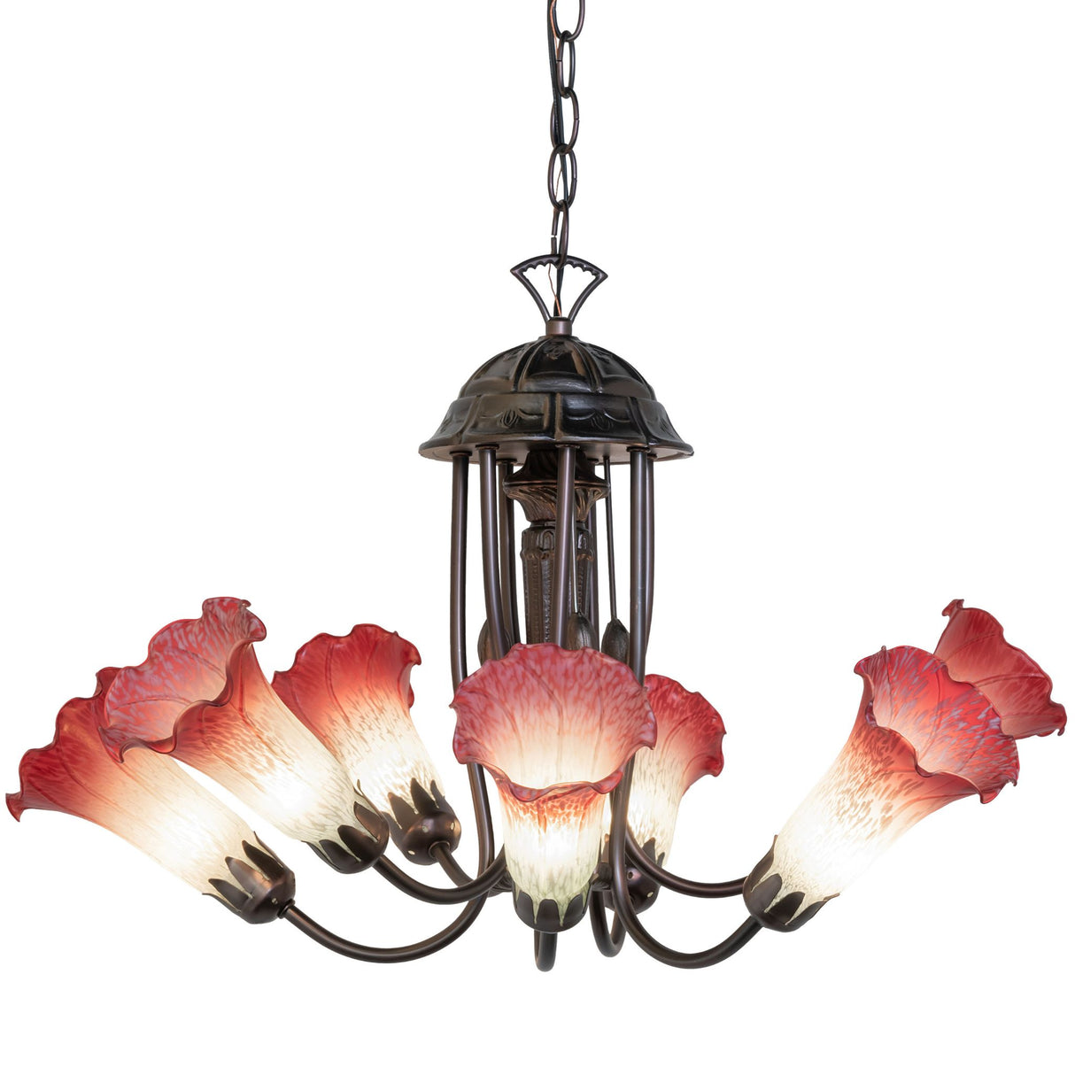 Detailed lit view of the chandelier's lily shades and bronze accents.