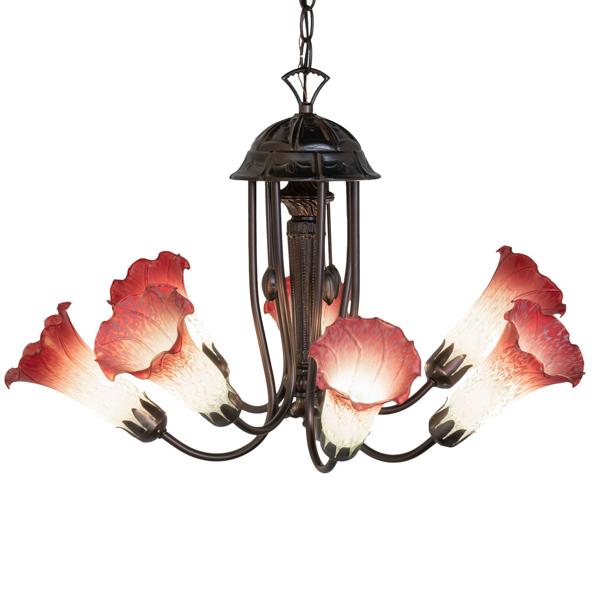 pink and white Tiffany pond lily chandelier lit, highlighting its elegant shades.