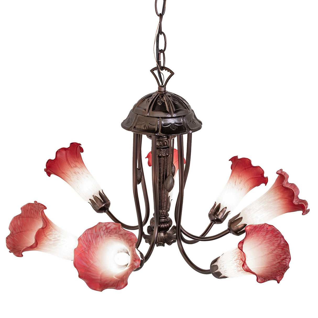 Side view of the Tiffany pond lily chandelier with its detailed bronze frame and curved arms.