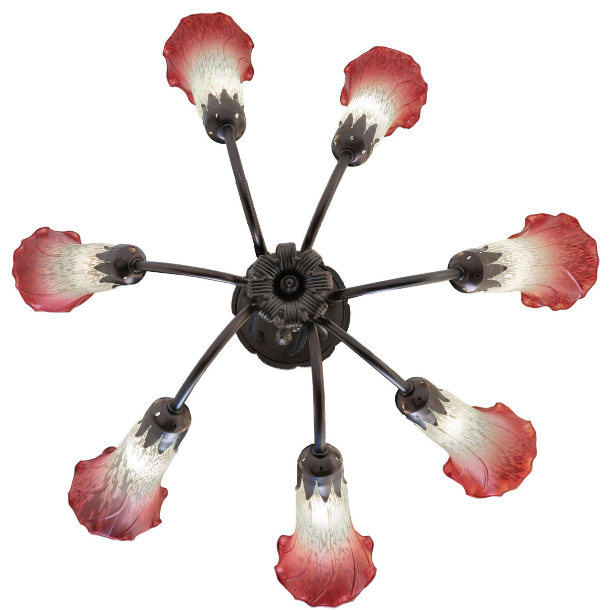 Top-down view of the Tiffany pond lily chandelier, featuring its symmetrical design.