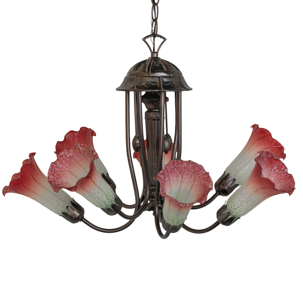 Tiffany pond lily chandelier with unlit pink and white lily shades.