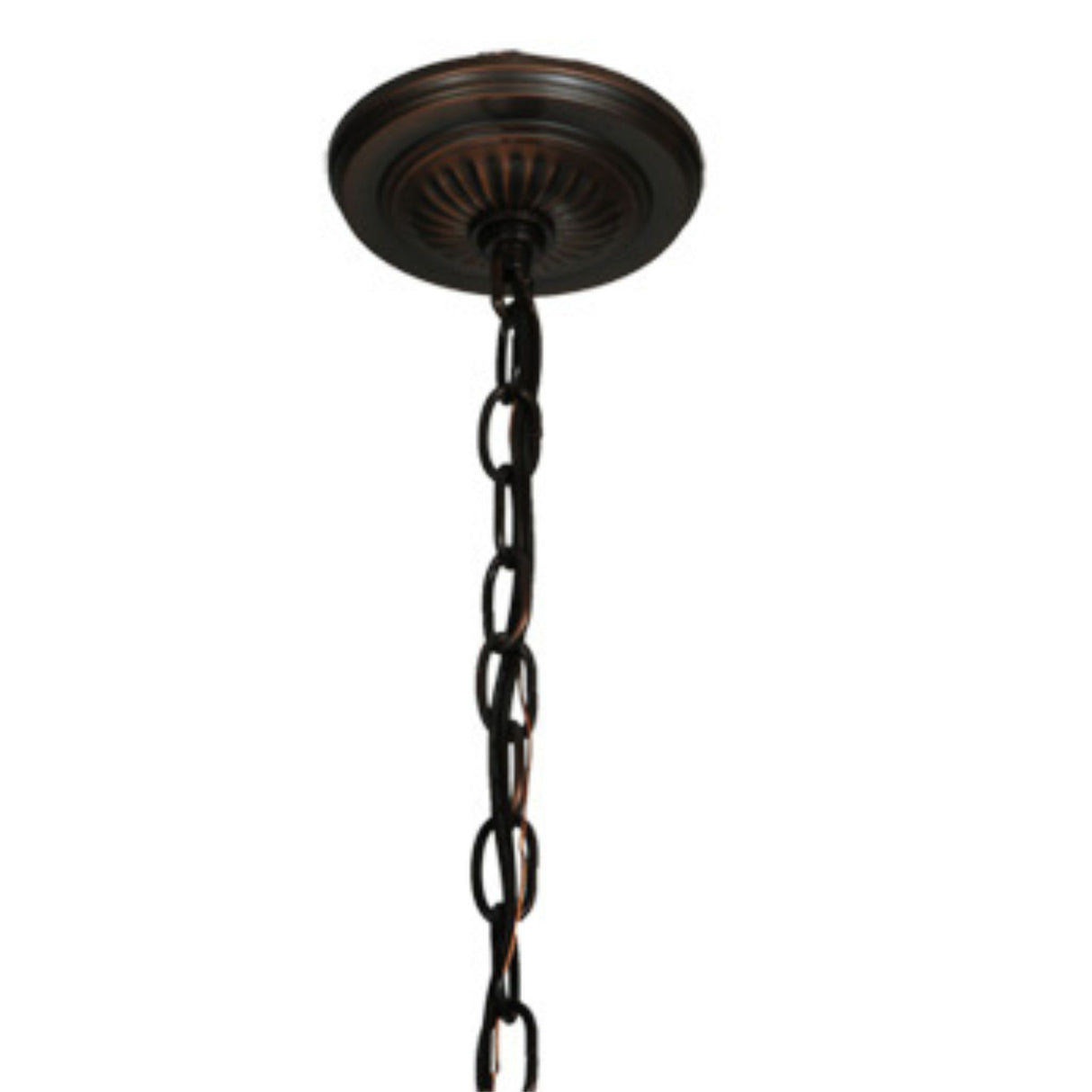 Ceiling mount and chain detail of Poker Face pendant in bronze finish.