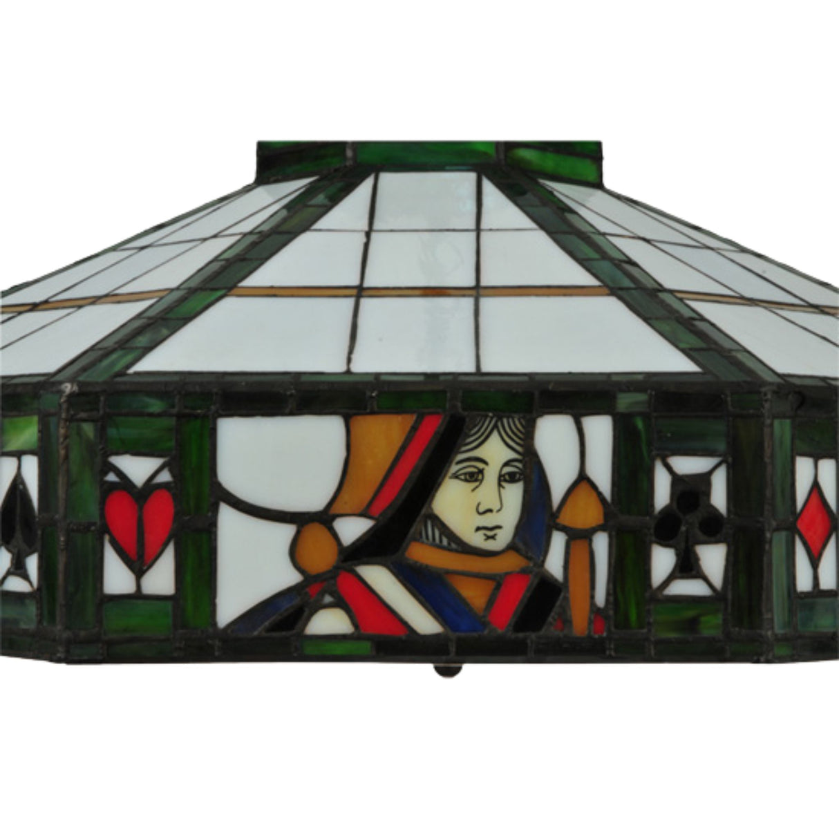Close-up of Queen design on Poker Face stained glass pendant.