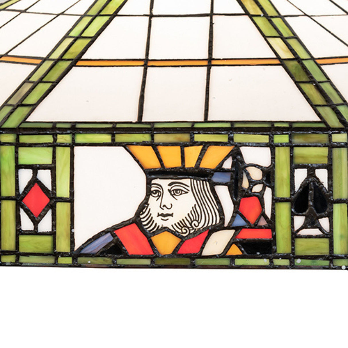 Close-up of Jack motif on Poker Face stained glass shade.