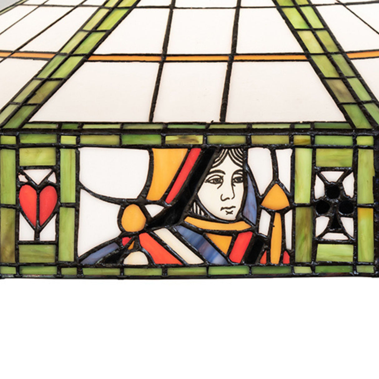 Detailed view of Queen design on Poker Face glass shade.