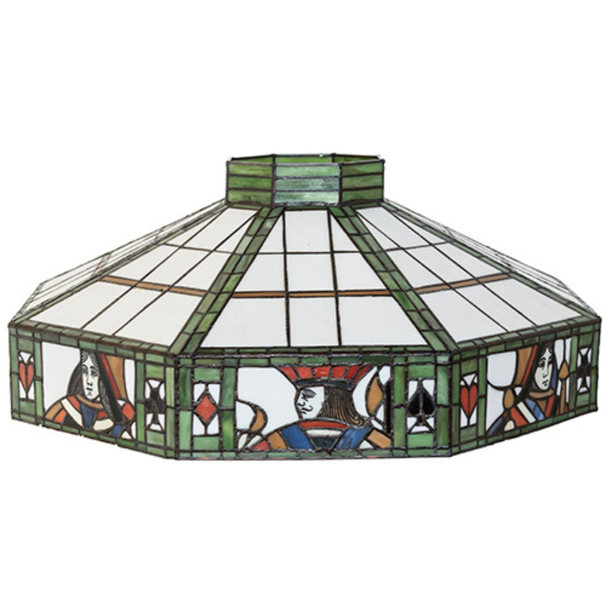 Side angle of Poker Face shade featuring intricate card-themed stained glass.