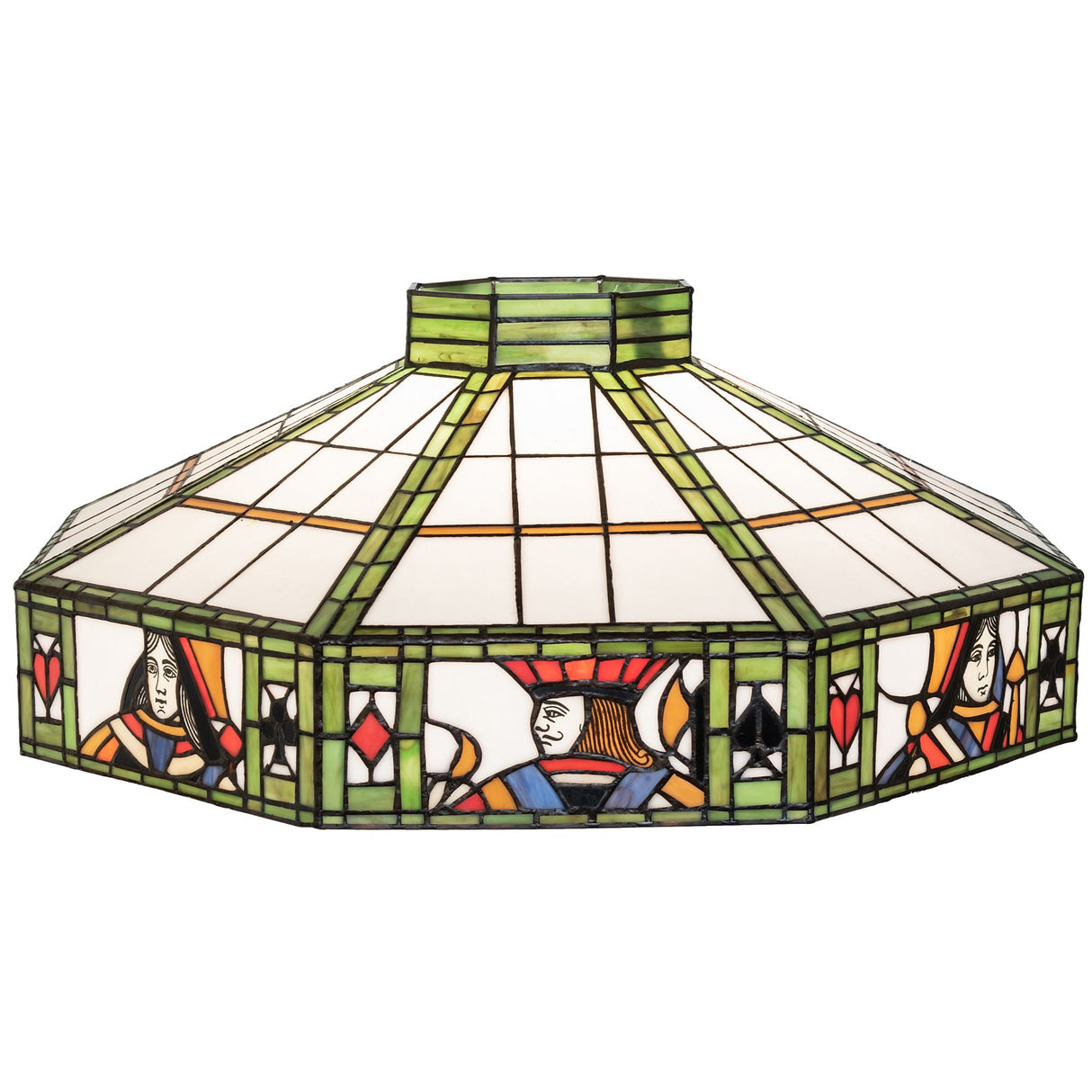 Front view of 24" Poker Face stained glass shade with card suit designs.