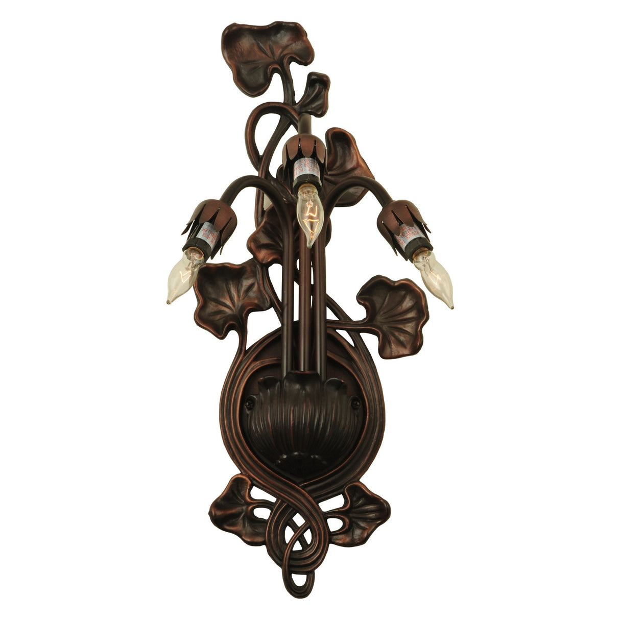 Elegant Pond Lily 3-light wall sconce in Mahogany Bronze with intricate floral detailing.