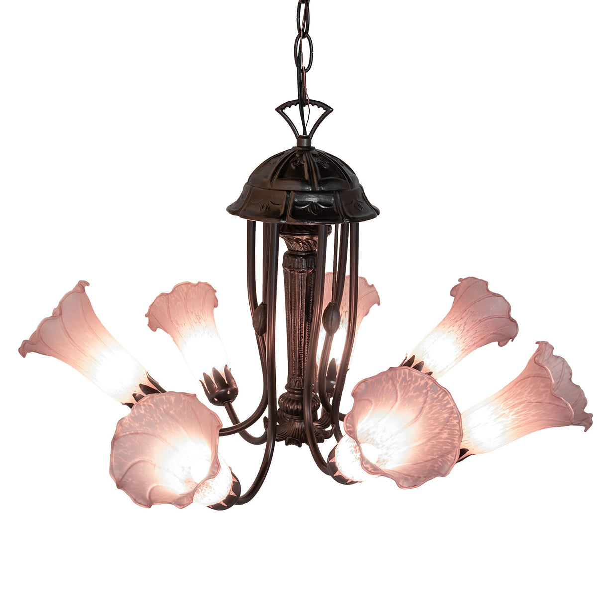 Detailed view of the top frame of the Pond Lily Chandelier with intricate bronze work.