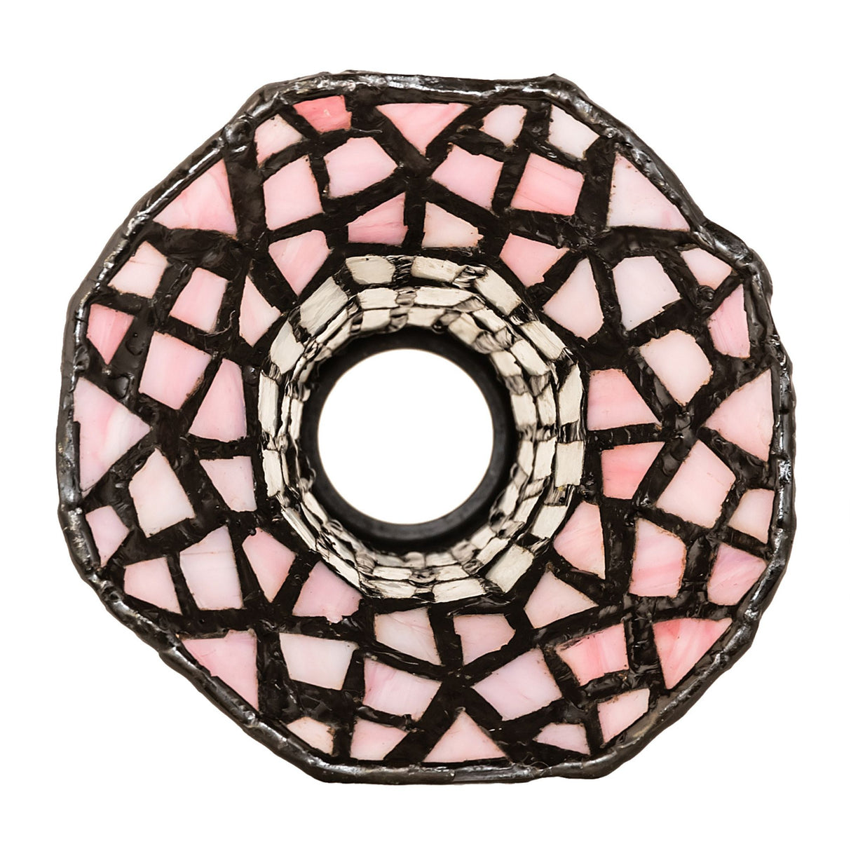 Bottom view of the Pond Lily pink and white shade with intricate stained glass artistry.