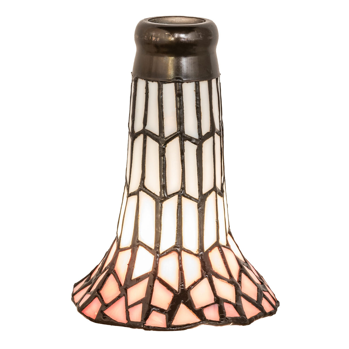 Lit view of the Pond Lily pink and white shade with soft glowing stained glass design.