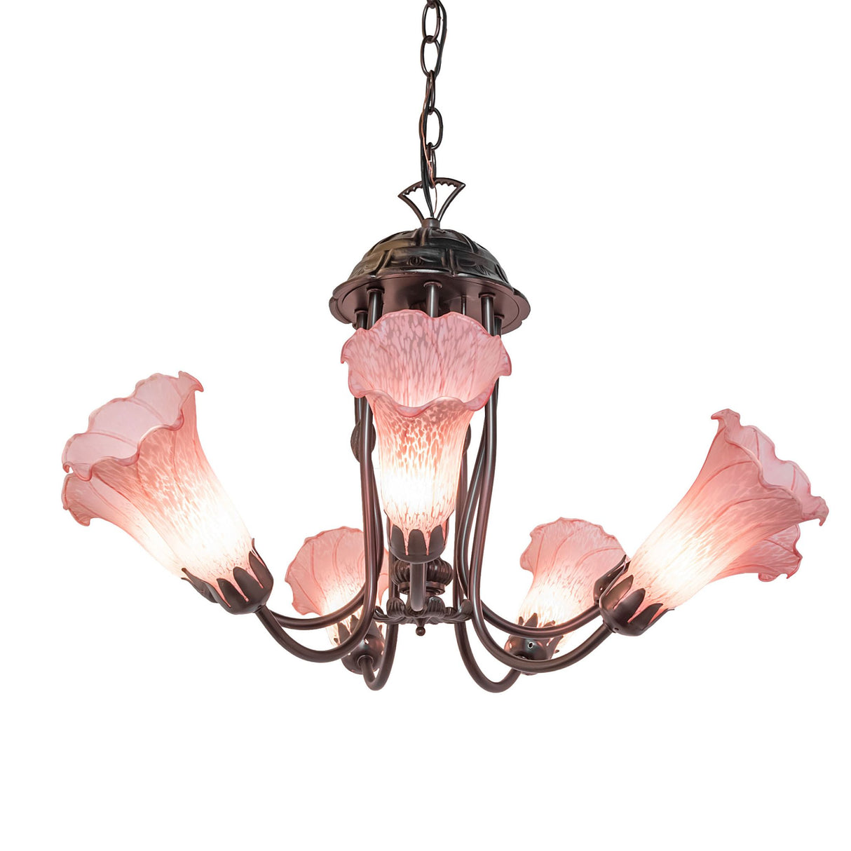 Side angle view of the Pond Lily Pink chandelier displaying its intricate details.