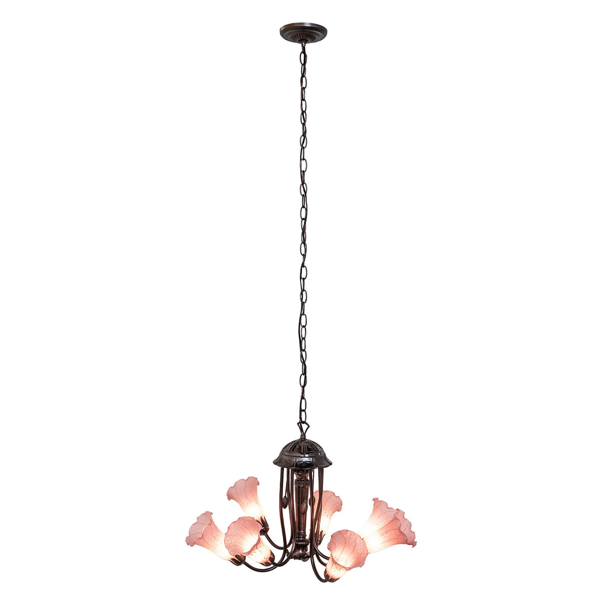 Full view of the Pond Lily Pink 7 Light Chandelier with its delicate glass shades.