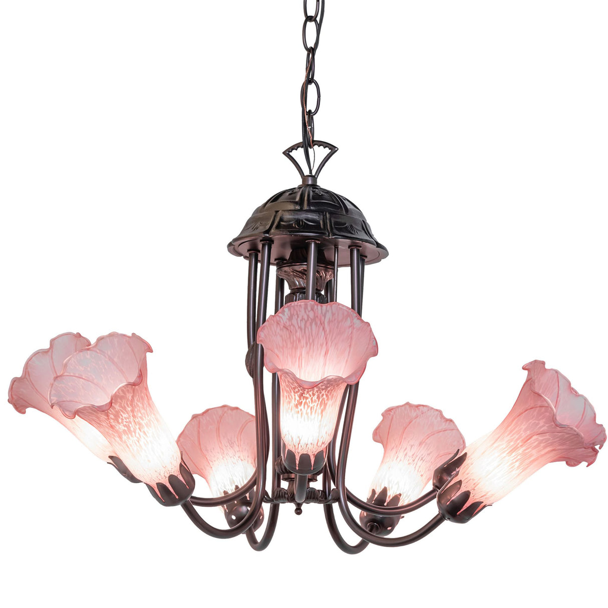 Lit view of the Pond Lily Pink chandelier highlighting the vibrant pink glass shades.