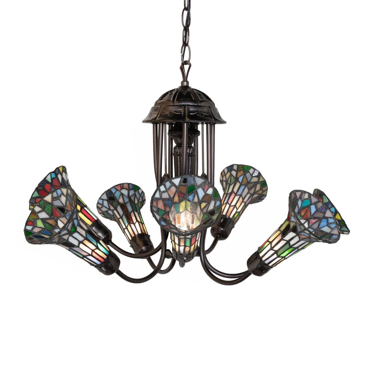 Front view highlighting the vibrant stained glass shades of the pond lily chandelier.