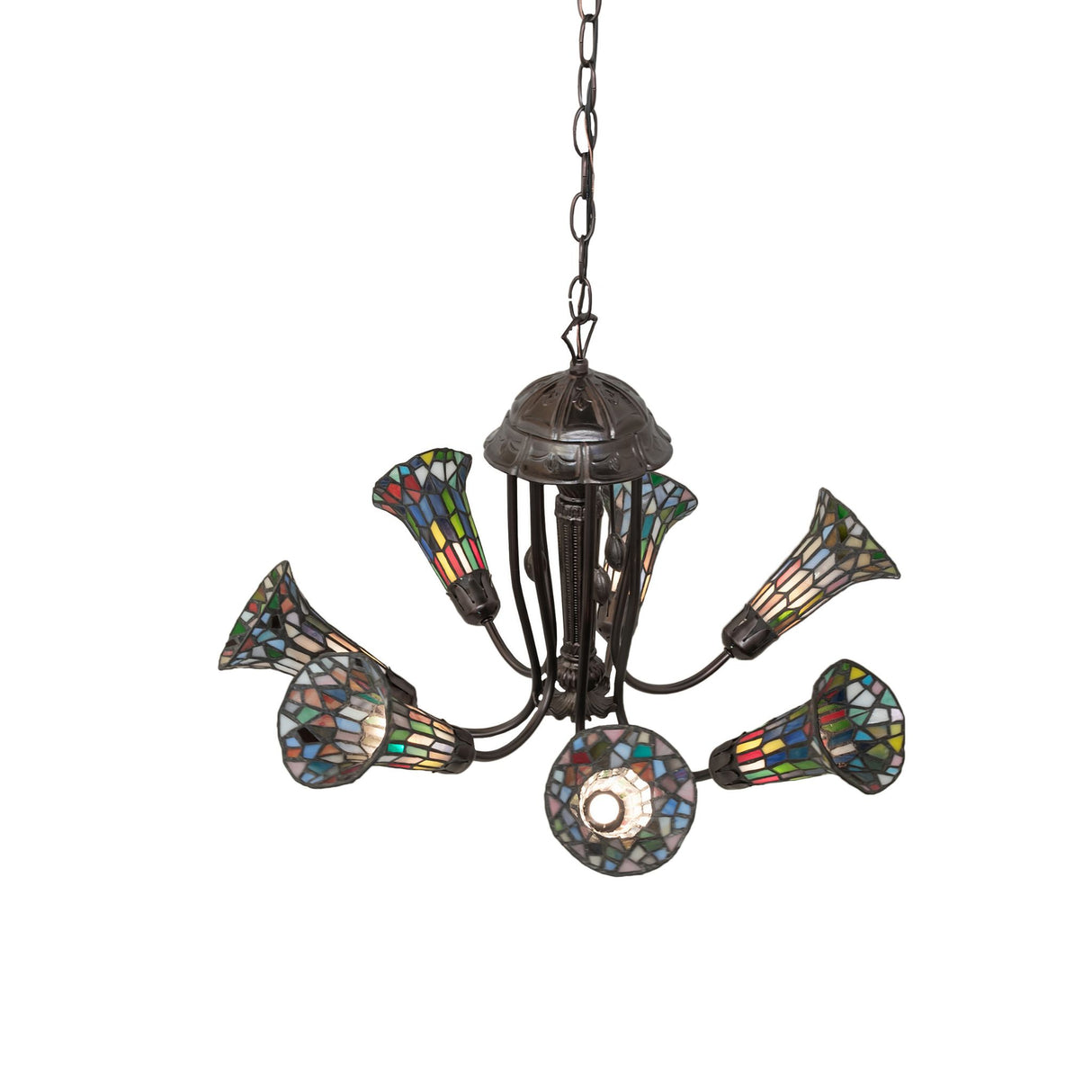 Top view showcasing the intricate stained glass pattern on the chandelier.