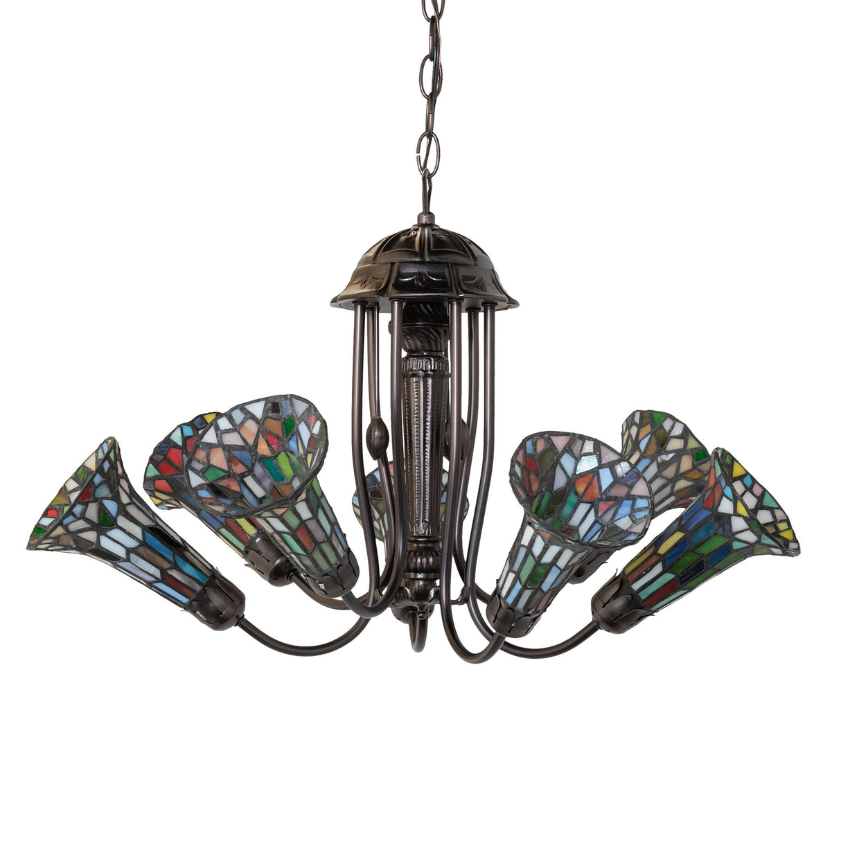 Unlit chandelier showing vibrant stained glass details.