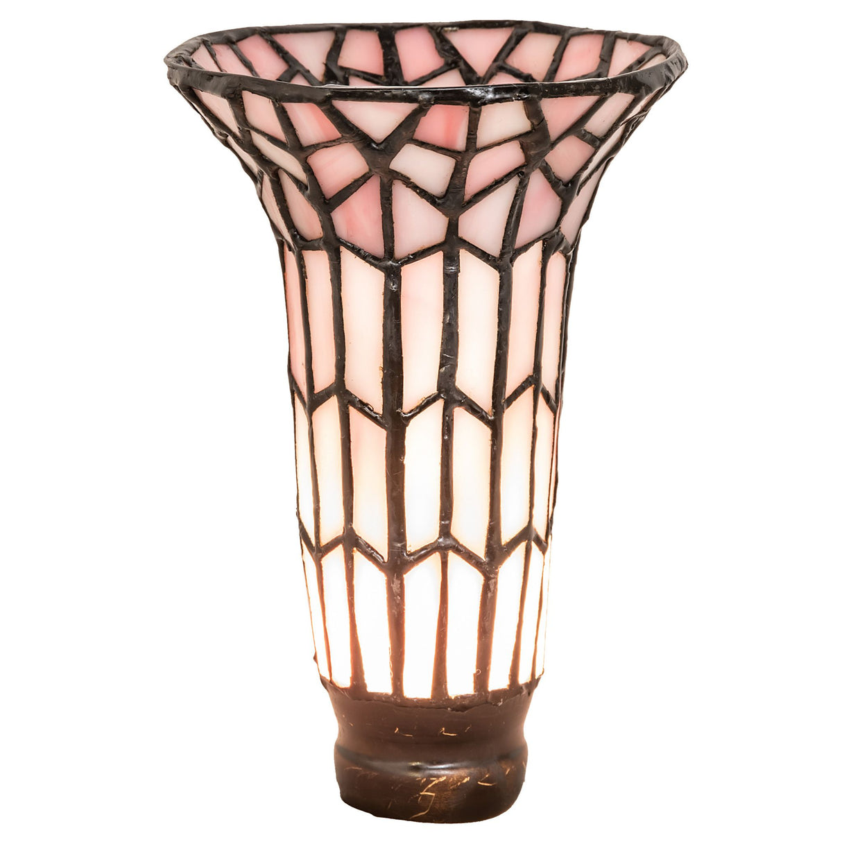 Illuminated stained glass pond lily shade in soft pink tones.