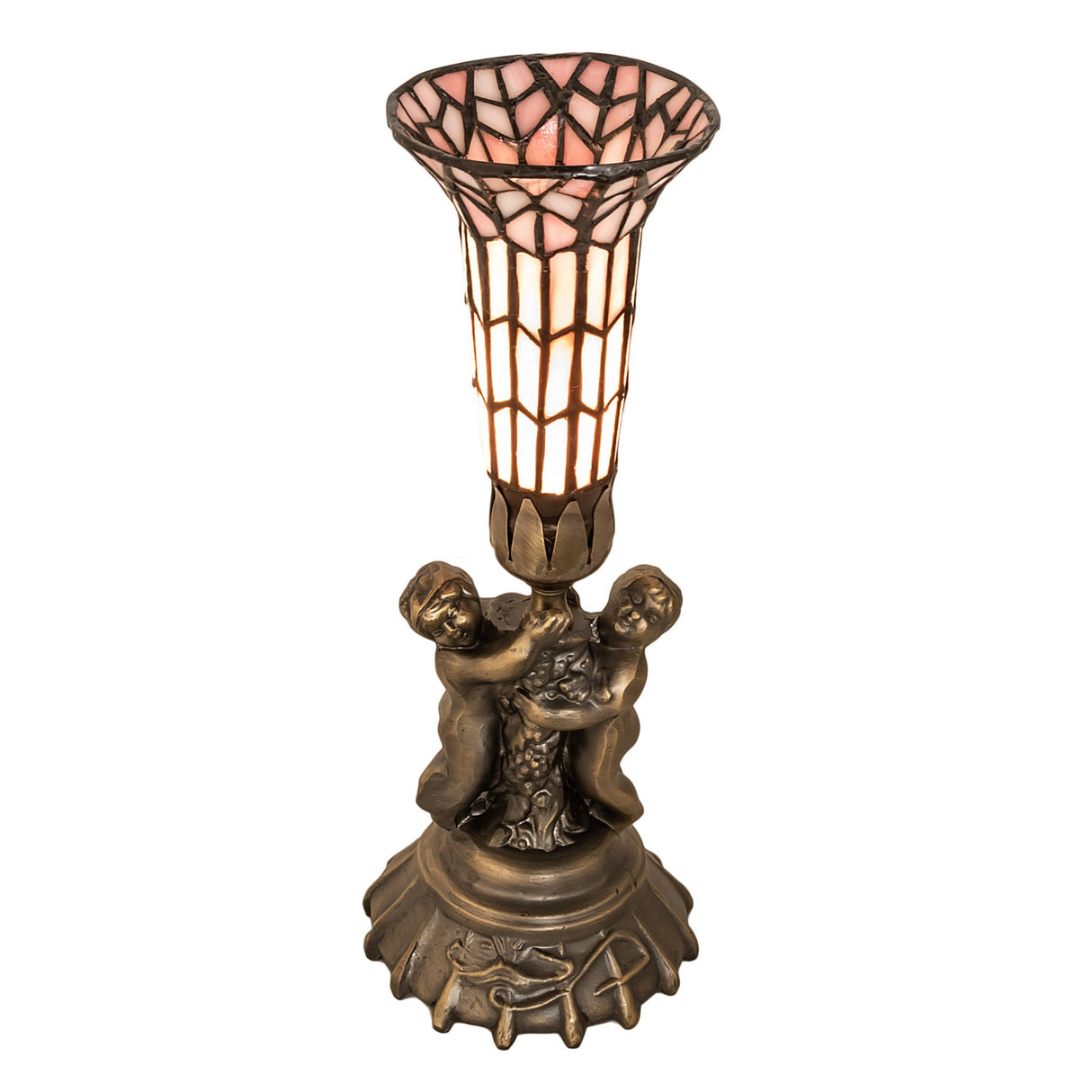 Elegant stained glass twin cherub lamp with a red and white lily shade.