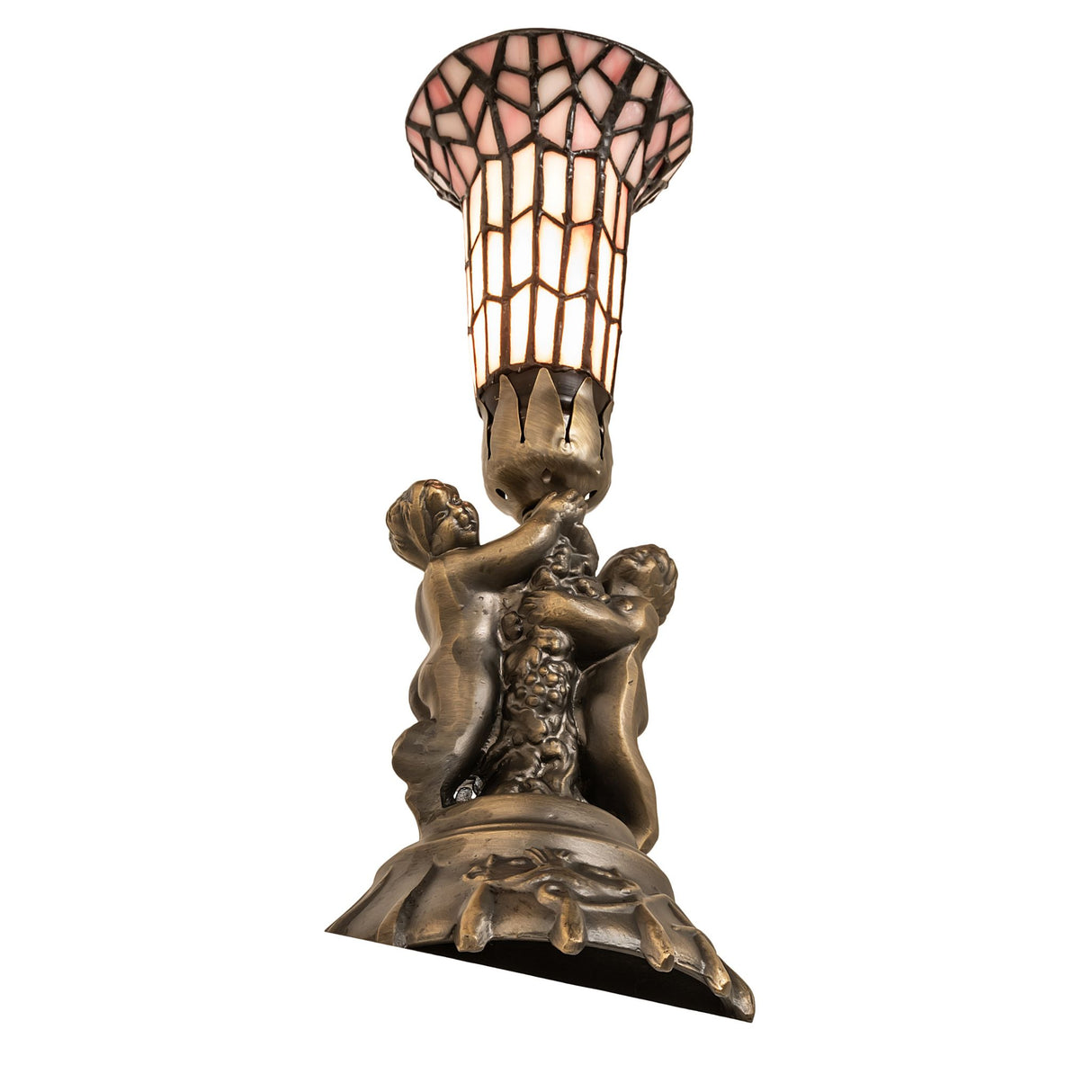 Angled perspective highlighting the twin cherub base and stained glass shade.