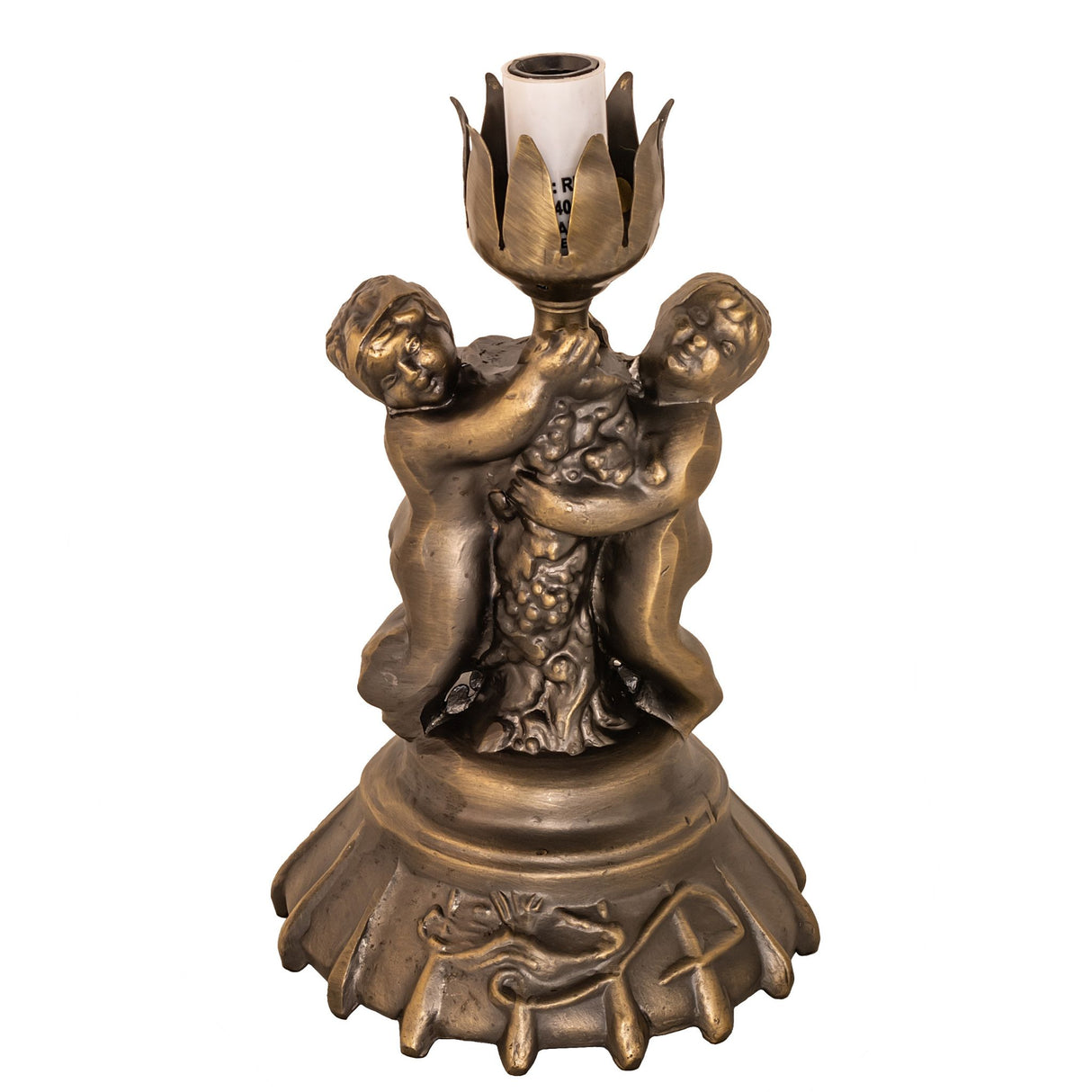 Detailed view of the antique brass cherub lamp base with decorative elements.