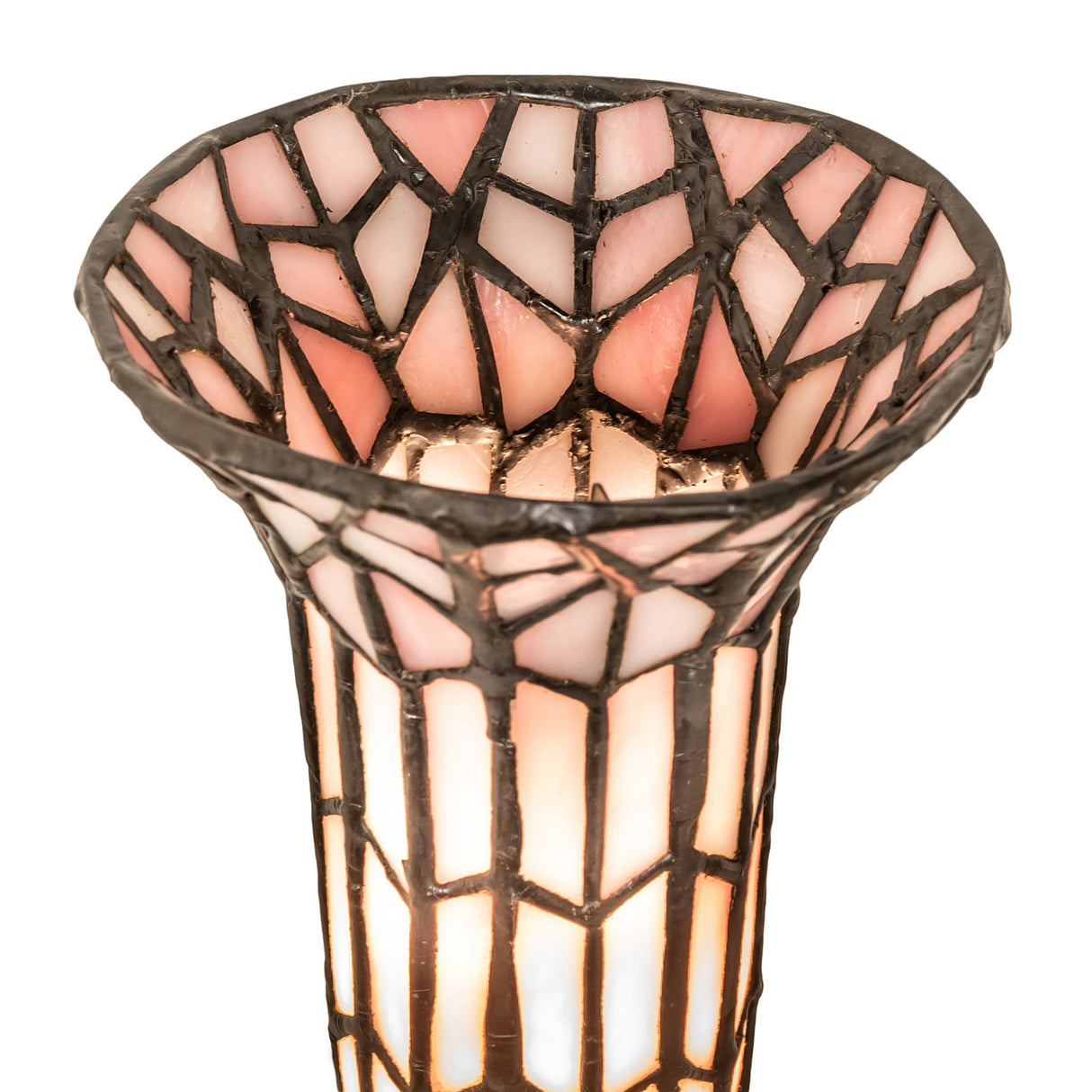 Close-up of the intricate stained glass shade and antique brass cherubs.
