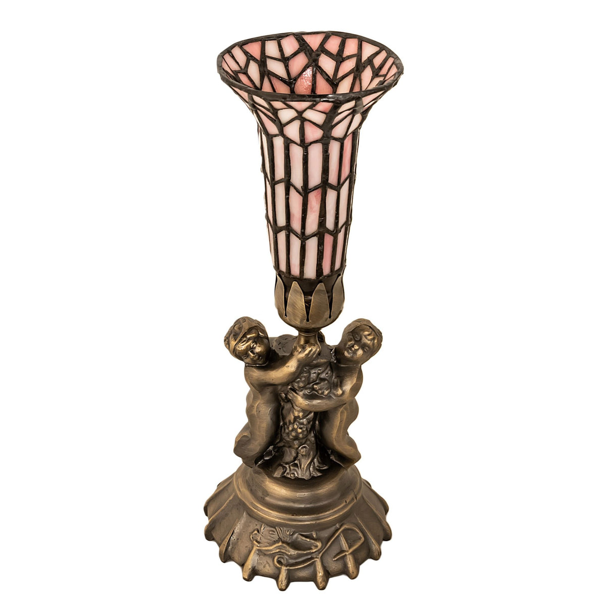 Front view of stained glass twin cherub lamp with Tiffany-inspired design.