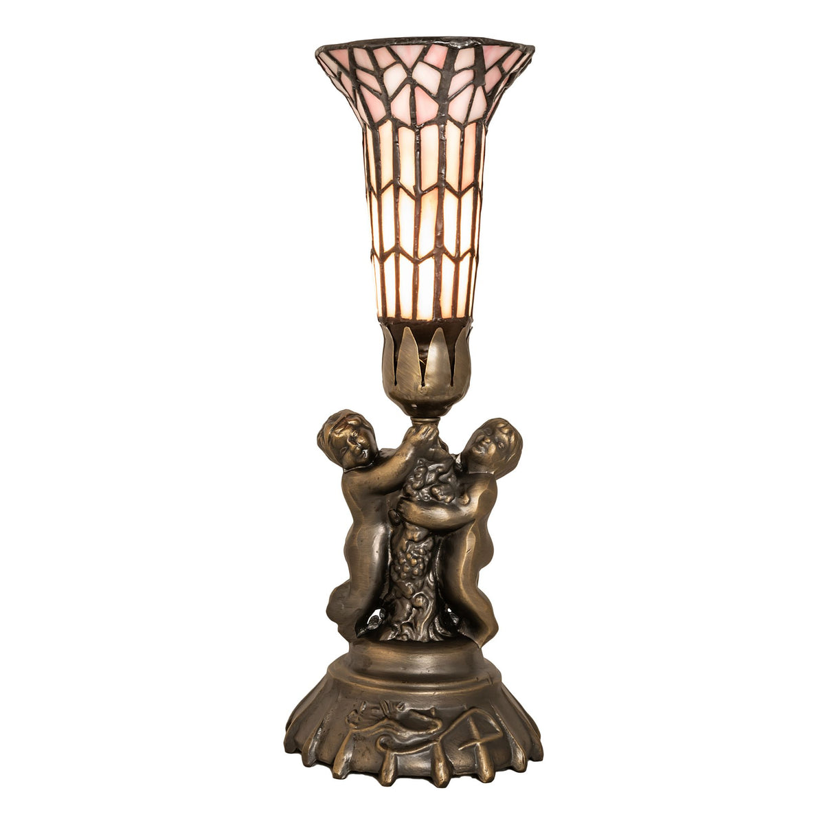 Full view of antique brass twin cherub lamp with detailed base.