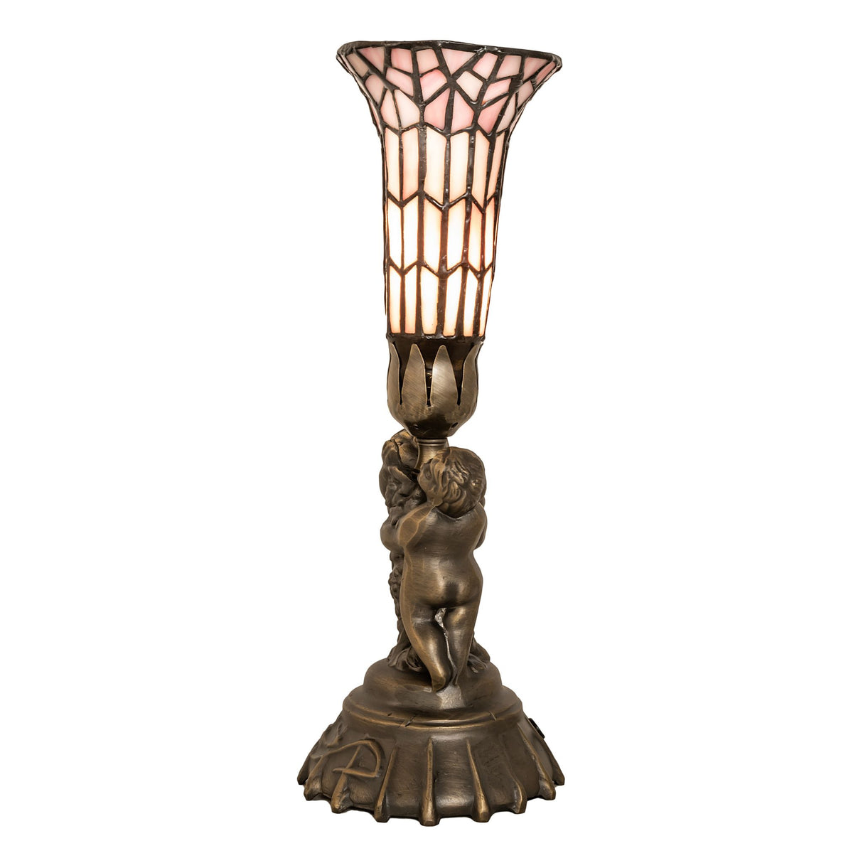 Side angle of cherub-accented lamp showcasing delicate art glass shade.