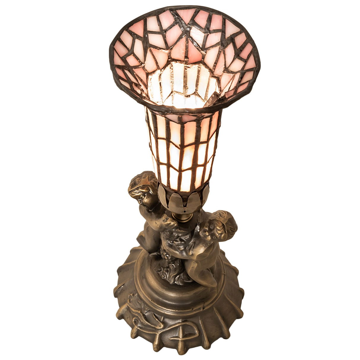Top-down view of the intricate red and white stained glass lily shade.