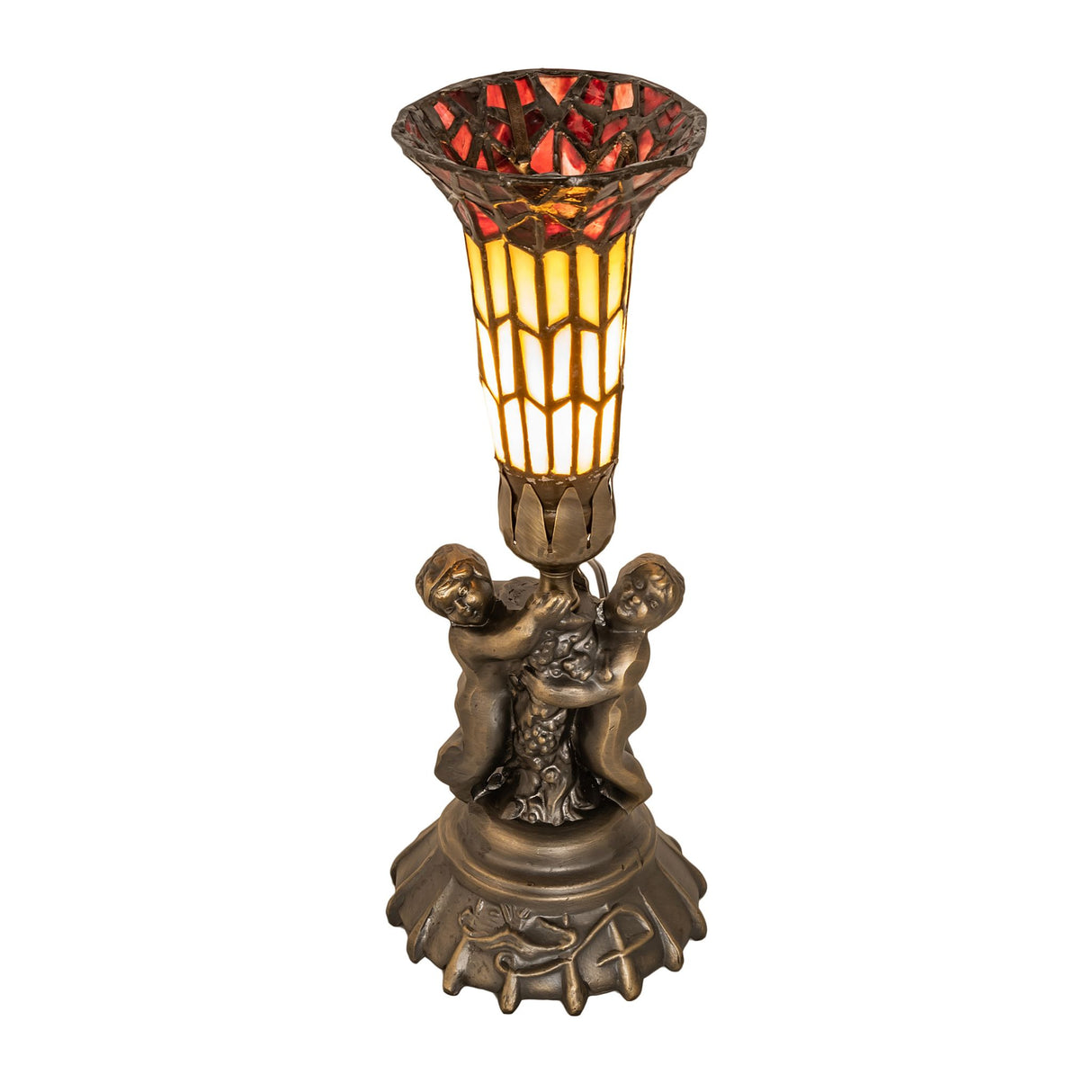 Pond Lily Twin Cherub lamp with amber and red stained glass.