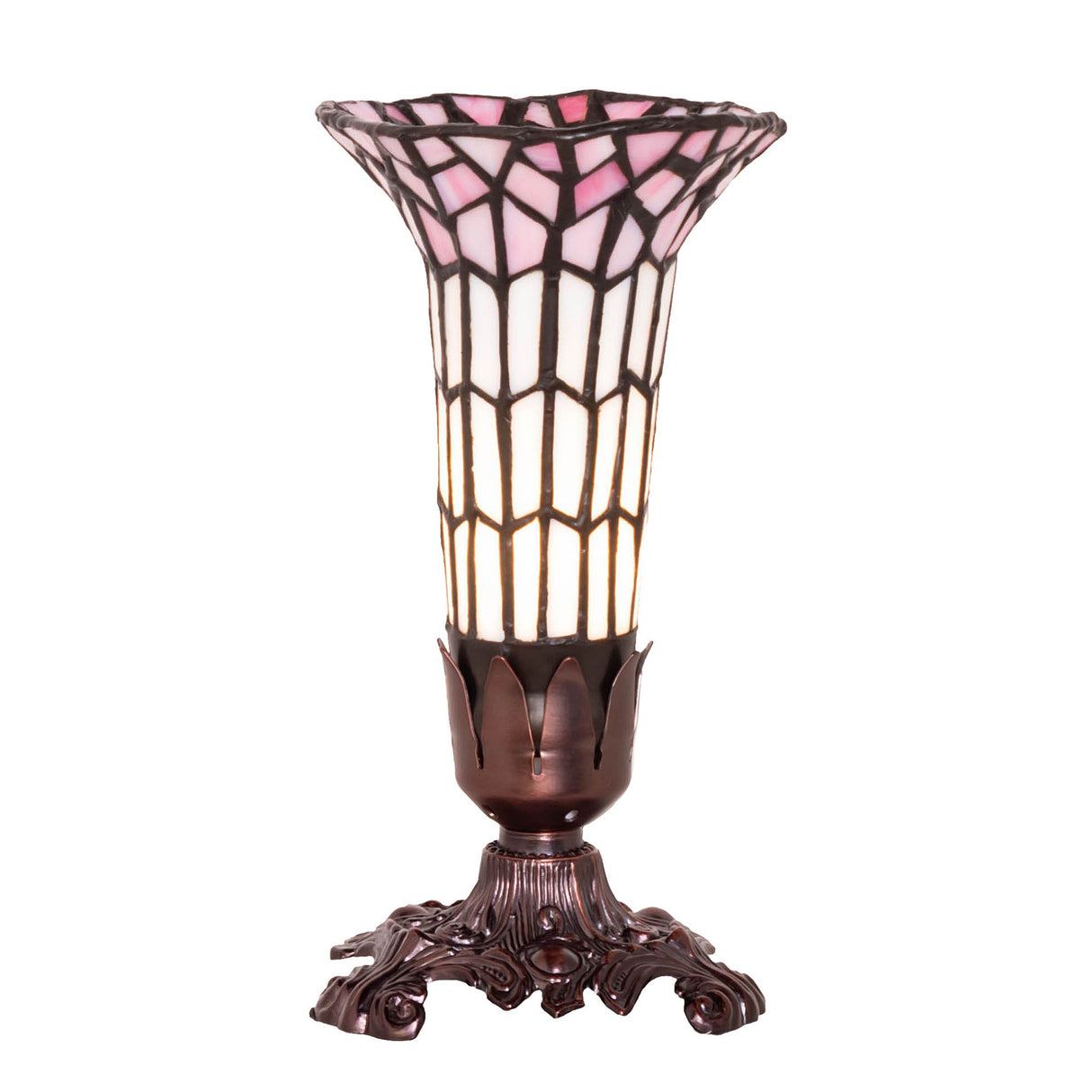 Elegant upright view of the Pond Lily Victorian accent lamp with pink and white stained glass.