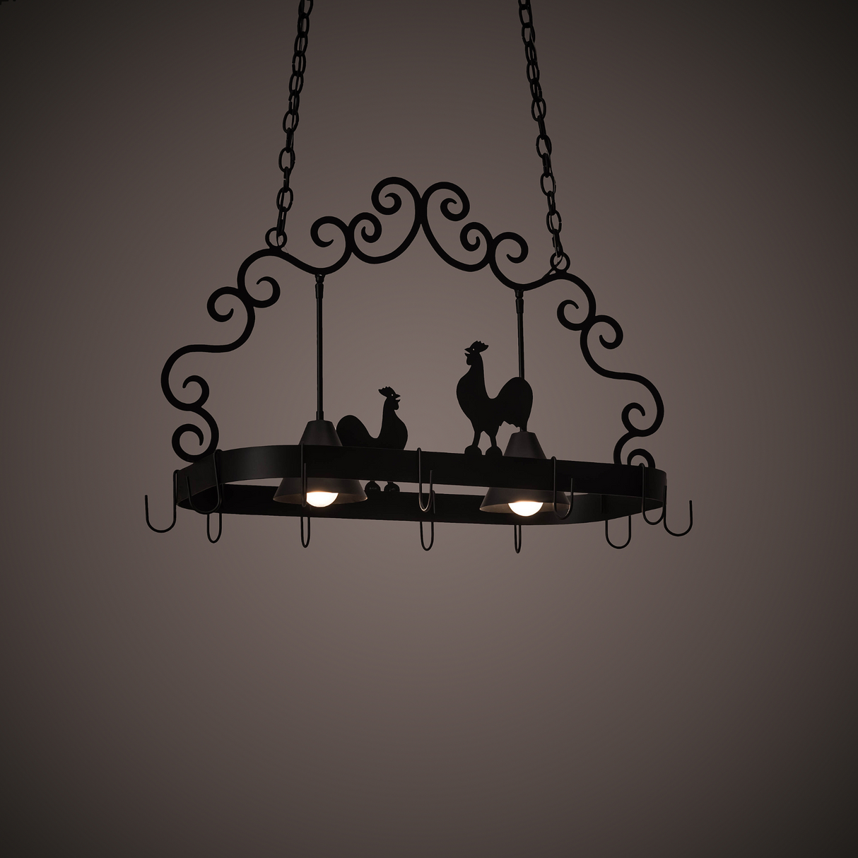 Ambient view of Poulet 2 Light Pot Rack chandelier lit.
