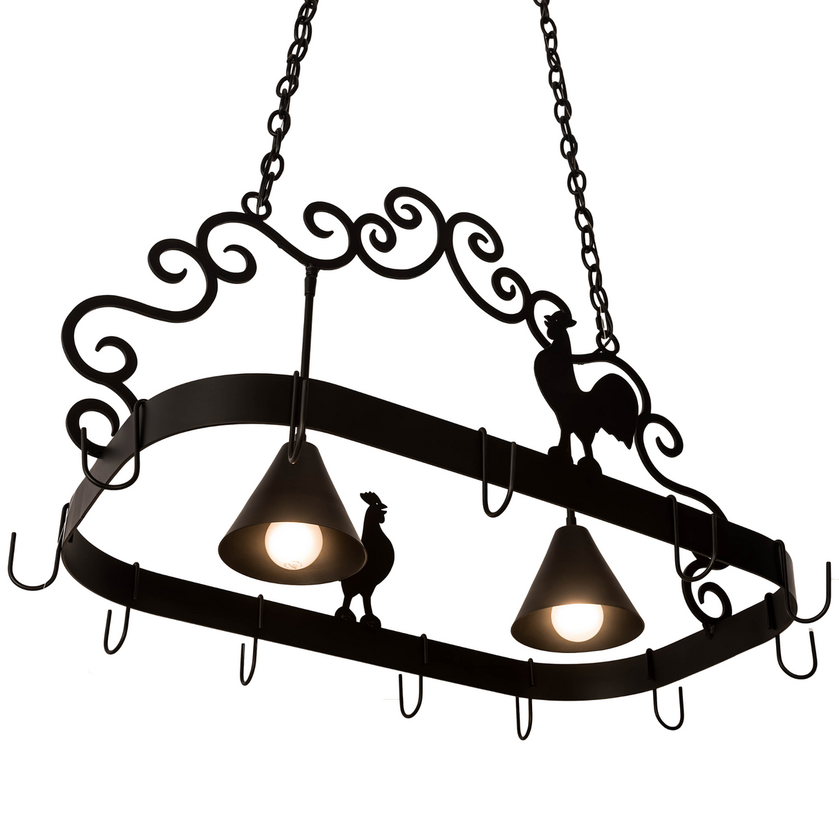 Bottom angled view of Poulet 2 Light Pot Rack with downlights.