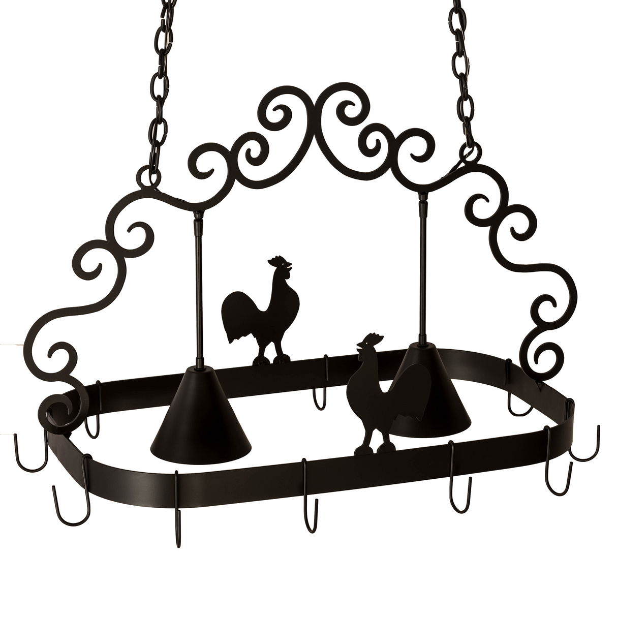 Angled view of Poulet 2 Light Pot Rack showing hooks and lights.